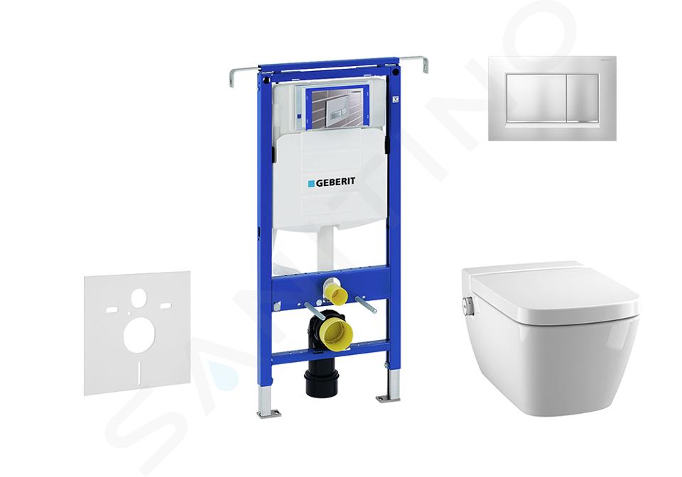 Geberit Duofix - Moduł do wiszącej toalety z przyciskiem Sigma30, chrom matowy/chrom + Tece One - toaleta z funkcją mycia i deską sedesową, bezkołnierzowa, SoftClose 111.355.00.5 NT7