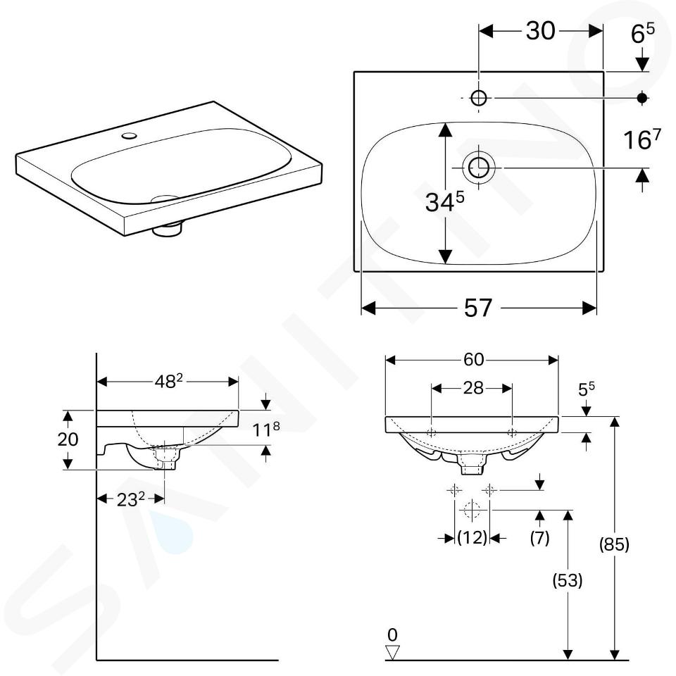 Geberit 500.630.01.8 ACANTO lavabo L.75 cm con foro rubinetteria, piano  d'appoggio troppopieno nascosto e tappo per piletta, colore bianco finitura  KeraTect