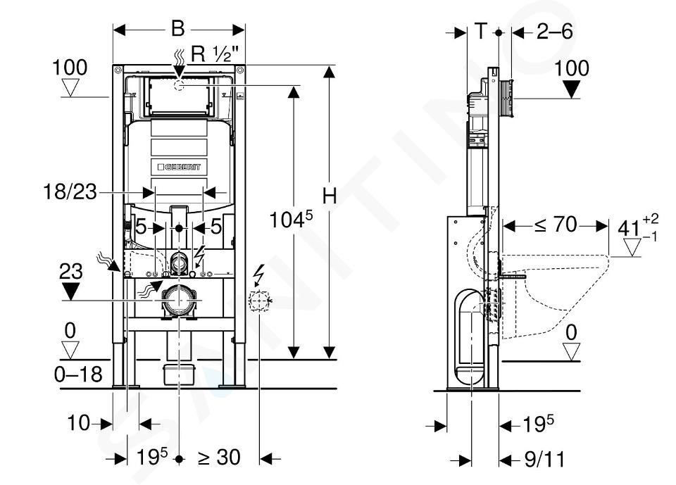 Bâti-support Geberit Duofix, avec réservoir à encastrer Sigma 12 cm, adapté  PMR, WC hauteur réglable - 111.396.00.5