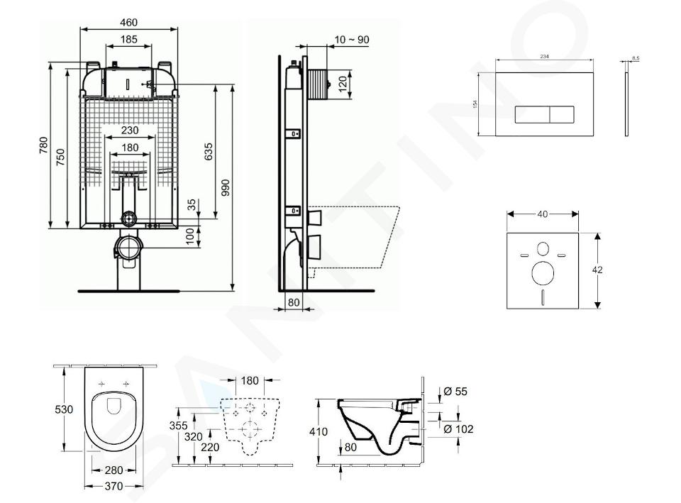 Ideal Standard ProSys - Ensemble pour WC suspendu, cuvette et abattant  Eurovit, Plaque de déclenchement Oleas M2, Rimless, SoftClose, chrome  ProSys80M SP123