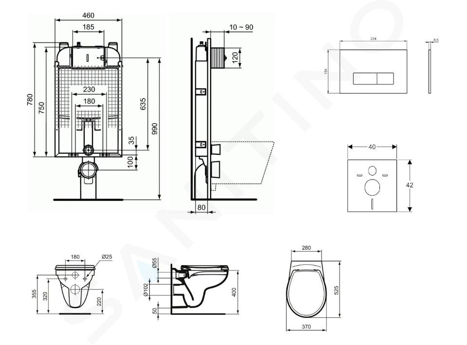 Ideal Standard ProSys - Ensemble pour WC suspendu, cuvette et abattant Bau  Ceramic, Plaque de déclenchement Oleas M1, Rimless, SoftClose, chrome mat  ProSys120M SP65