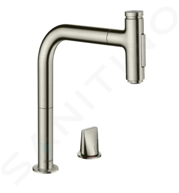 Hansgrohe M71 - 2-otworowa bateria zlewozmywakowa Metris Select z wyciąganą wylewką, stal szlachetna optyczna 73819800