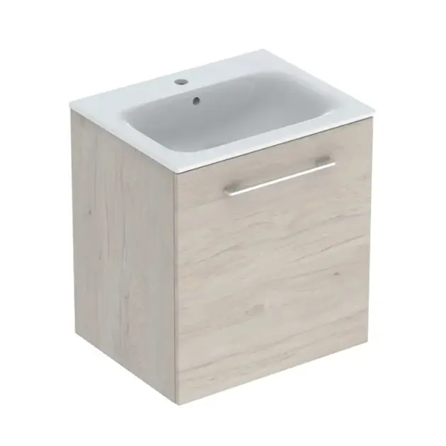 Geberit Selnova Square - Mosdószekrény 635x588x480 mm, mosdókagylóval, 1 ajtóval, világos hikoridió diófa 501.255.00.1
