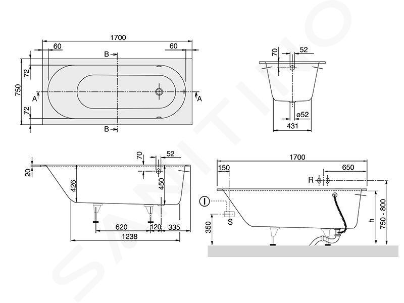 Villeroy & Boch Oberon - Vasca da bagno Solo 1700x750x450 mm, Quaryl, bianco  UBQ170OBE2V-01