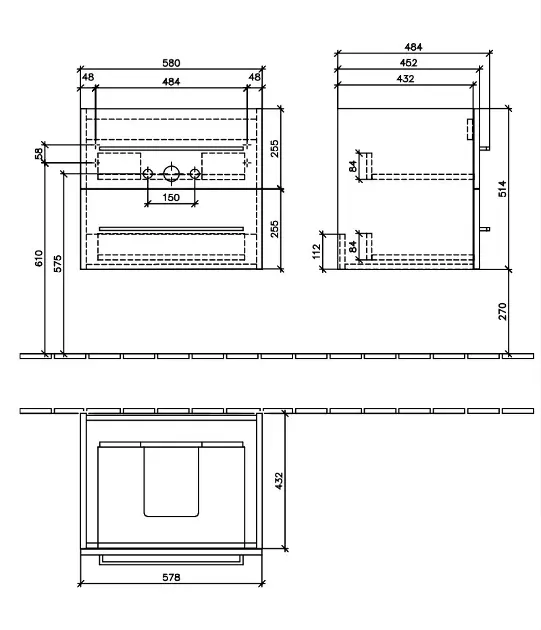 Villeroy & Boch Avento - Wastafelkast, 58x51x45 cm, 2 laden