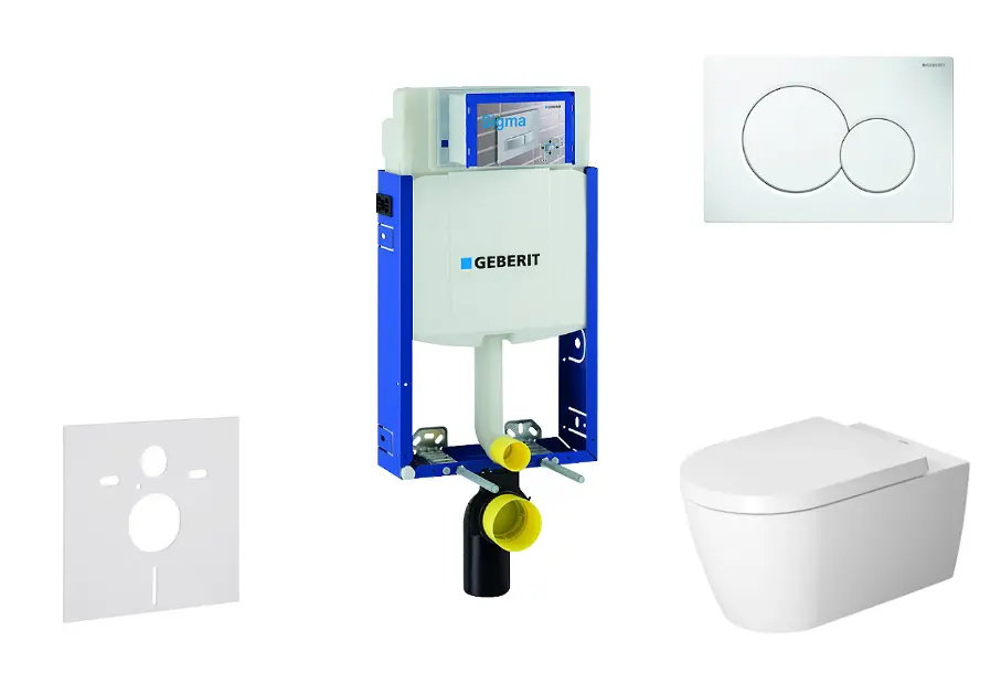 Geberit Kombifix - Moduł do wiszącej toalety z przyciskiem Sigma01, biel alpejska + Duravit ME by Starck - toaleta i deska sedesowa, bezkołnierzowa, SoftClose 110.302.00.5 NM1