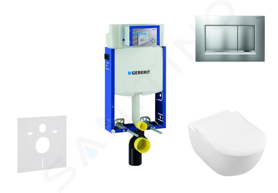 Geberit Kombifix - Moduł do WC wiszącego z przyciskiem Sigma30, chrom mat/chrom + Villeroy Boch - WC i deska, DirectFlush, SoftClose, CeramicPlus 110.302.00.5 NI7