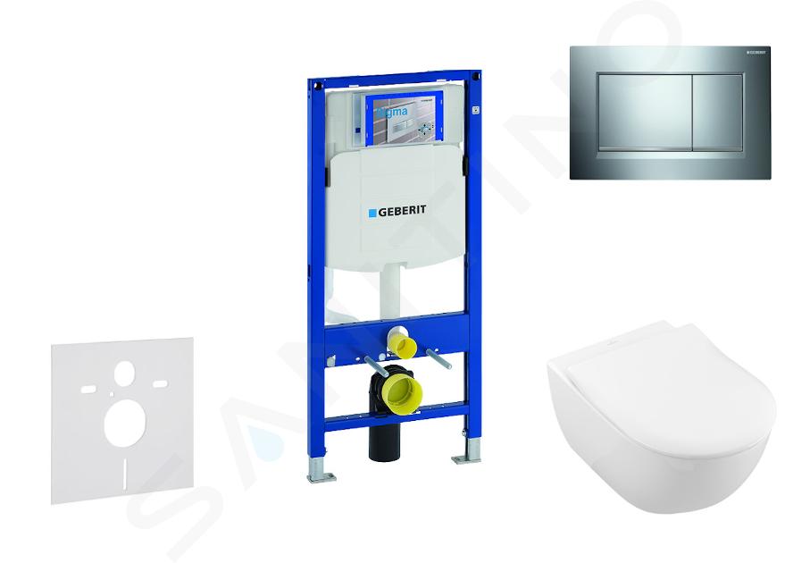 Geberit Duofix - Moduł do wiszącej toalety z przyciskiem Sigma30, chrom błyszczące/chrom matowy + Villeroy Boch - toaleta i deska sedesowa, DirectFlush, SoftClose, CeramicPlus 111.300.00.5 NI6
