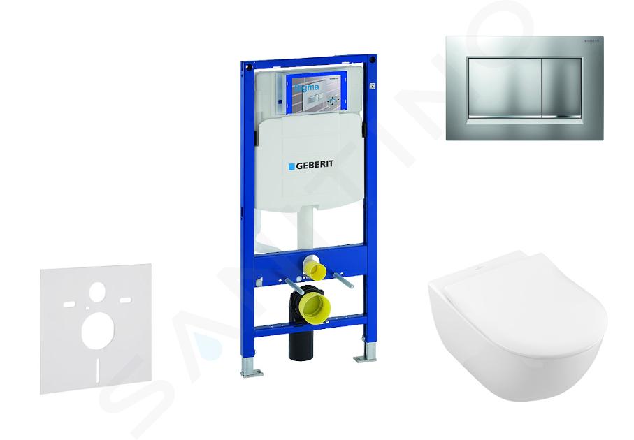 Geberit Duofix - Moduł do wiszącej toalety z przyciskiem Sigma30, chrom matowy/chrom + Villeroy Boch - toaleta i deska sedesowa, DirectFlush, SoftClose, CeramicPlus 111.300.00.5 NI7