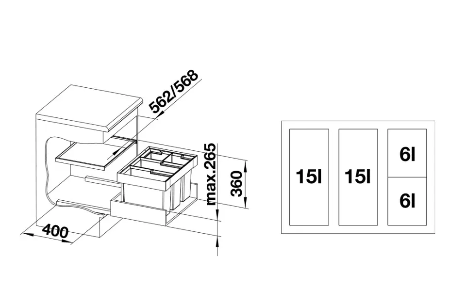 BLANCO 1526206 - Pattumiera estraibile per raccolta differenziata Select II  60/4 - 4 Contenitori - Capacità totale 42 L (15 + 15 + 6 + 6) - Alluminio -  Dimensioni 57 x 36 cm - Pattumiere - Elettrodomestici da Incasso