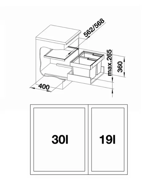 BLANCO 1526641 - Pattumiera estraibile per raccolta differenziata Flexon II  Low 60/2 - Due contenitori - Capacità totale 49 L (30 + 19) - Alluminio -  Dimensioni 57 x 33 cm - Pattumiere - Elettrodomestici da Incasso