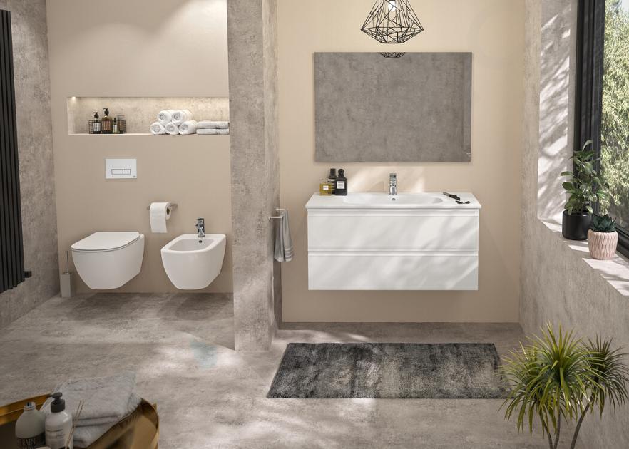 Ideal Standard soluzione bagno completo, sanitari sospesi, lavabo 55 cm con  colonna, colore bianco, rubinetteria finitura cromo SING12